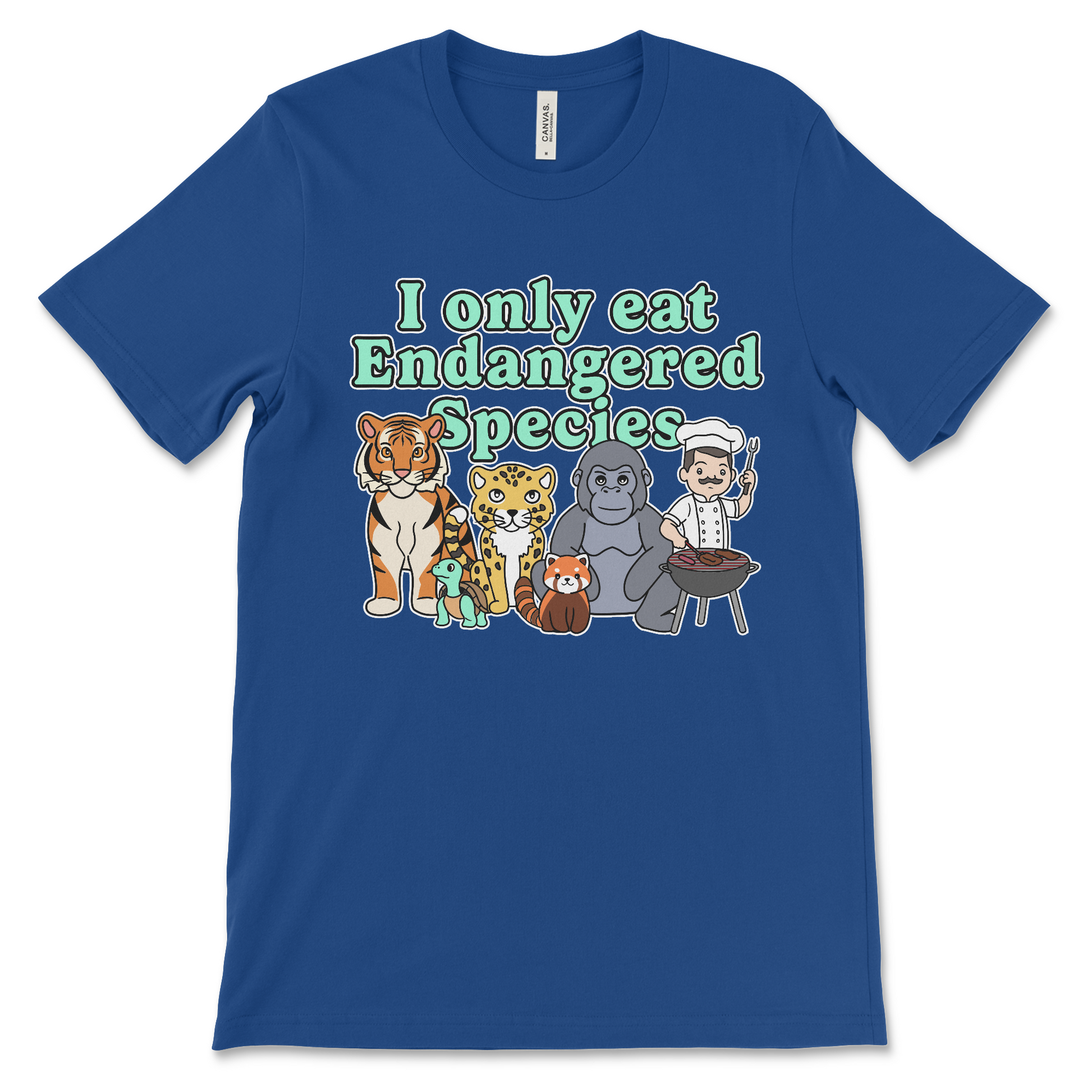 T shirt that says I Only Eat Endangered Species offensive meme shirt with dark humor inappropriate slogan and anti-environmental joke