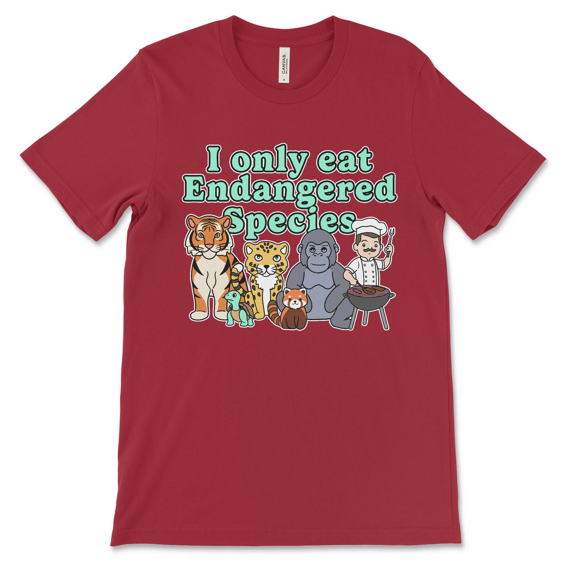 T shirt that says I Only Eat Endangered Species offensive meme shirt with dark humor inappropriate slogan and anti-environmental joke
