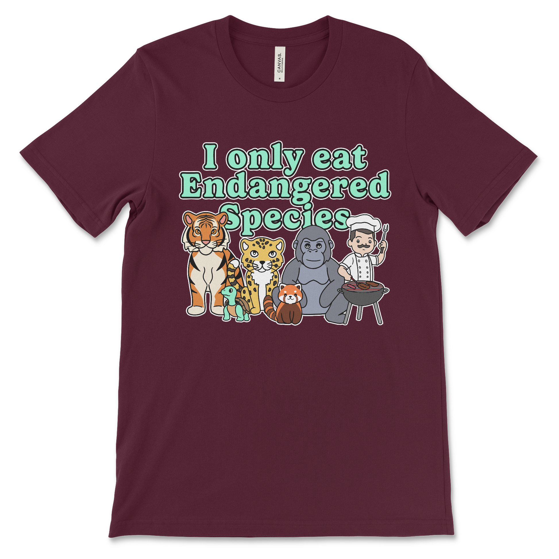 T shirt that says I Only Eat Endangered Species offensive meme shirt with dark humor inappropriate slogan and anti-environmental joke
