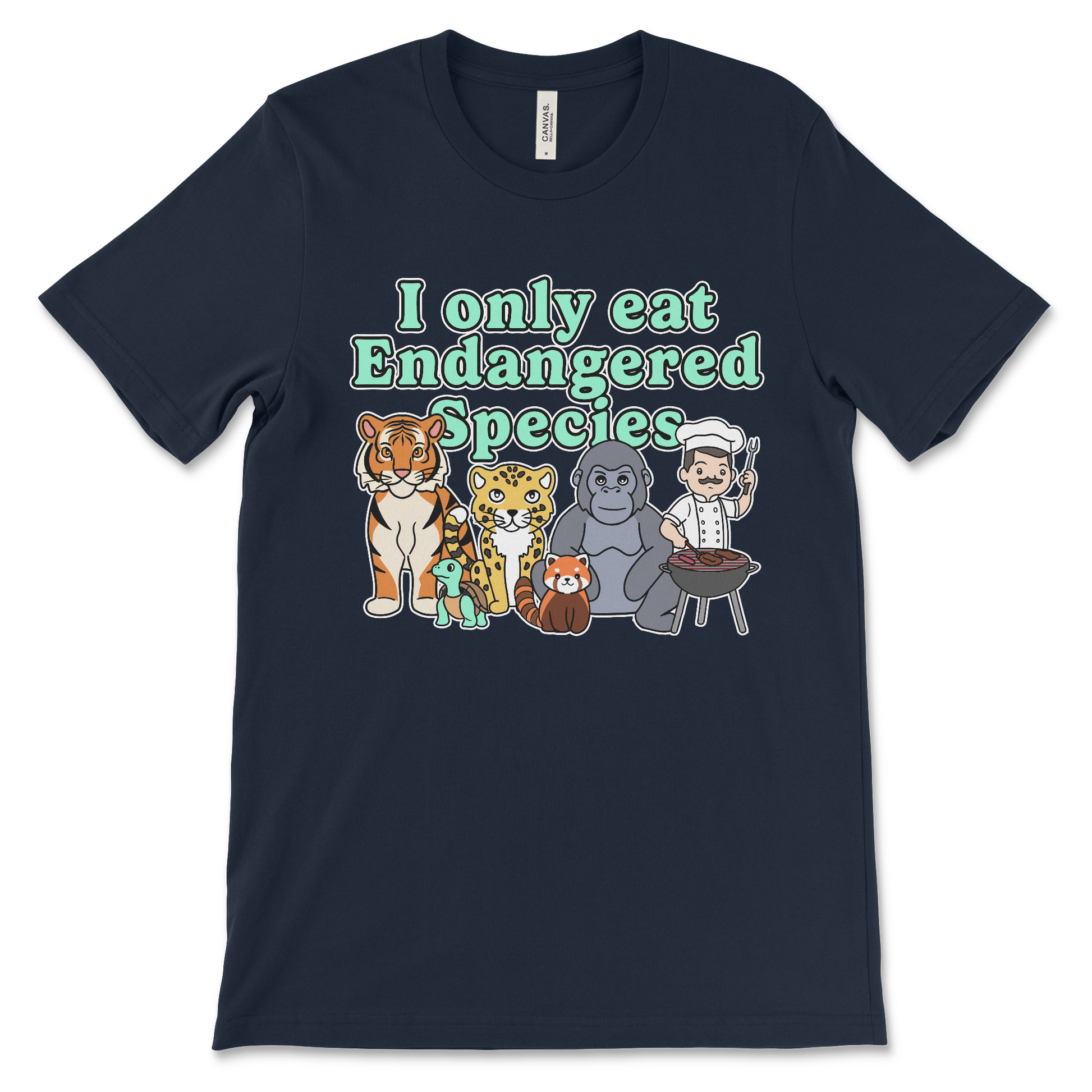 T shirt that says I Only Eat Endangered Species offensive meme shirt with dark humor inappropriate slogan and anti-environmental joke