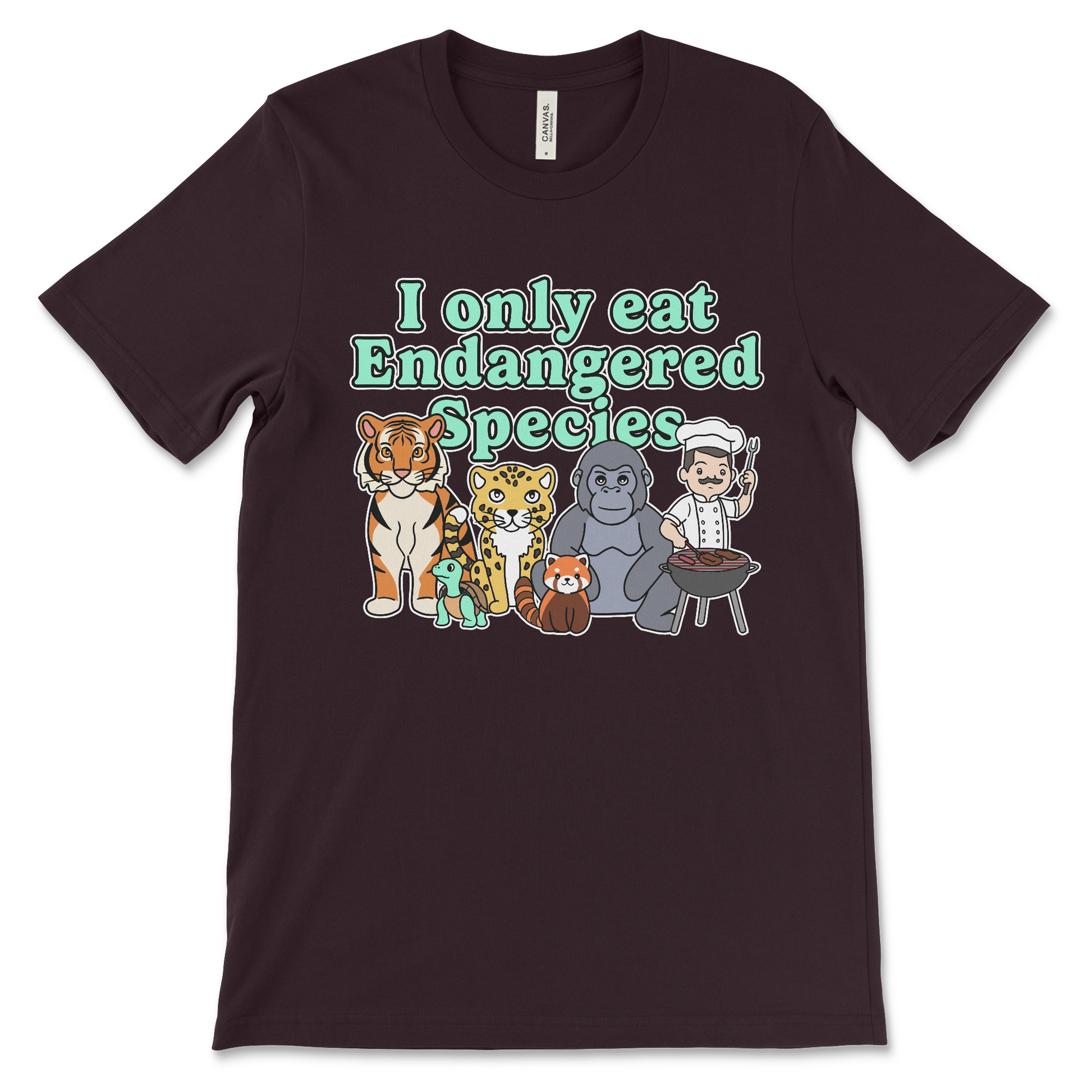 T shirt that says I Only Eat Endangered Species offensive meme shirt with dark humor inappropriate slogan and anti-environmental joke