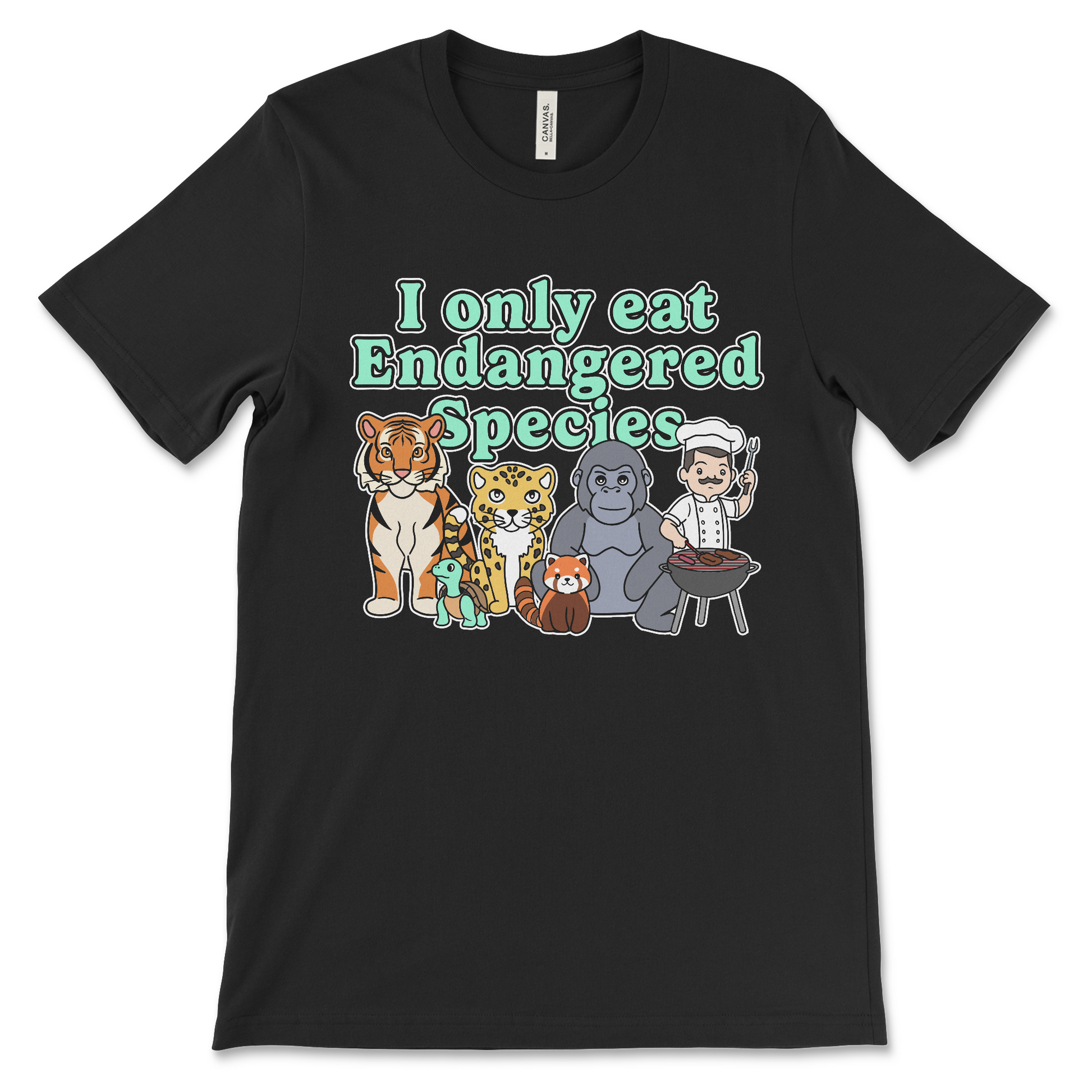 T shirt that says I Only Eat Endangered Species offensive meme shirt with dark humor inappropriate slogan and anti-environmental joke