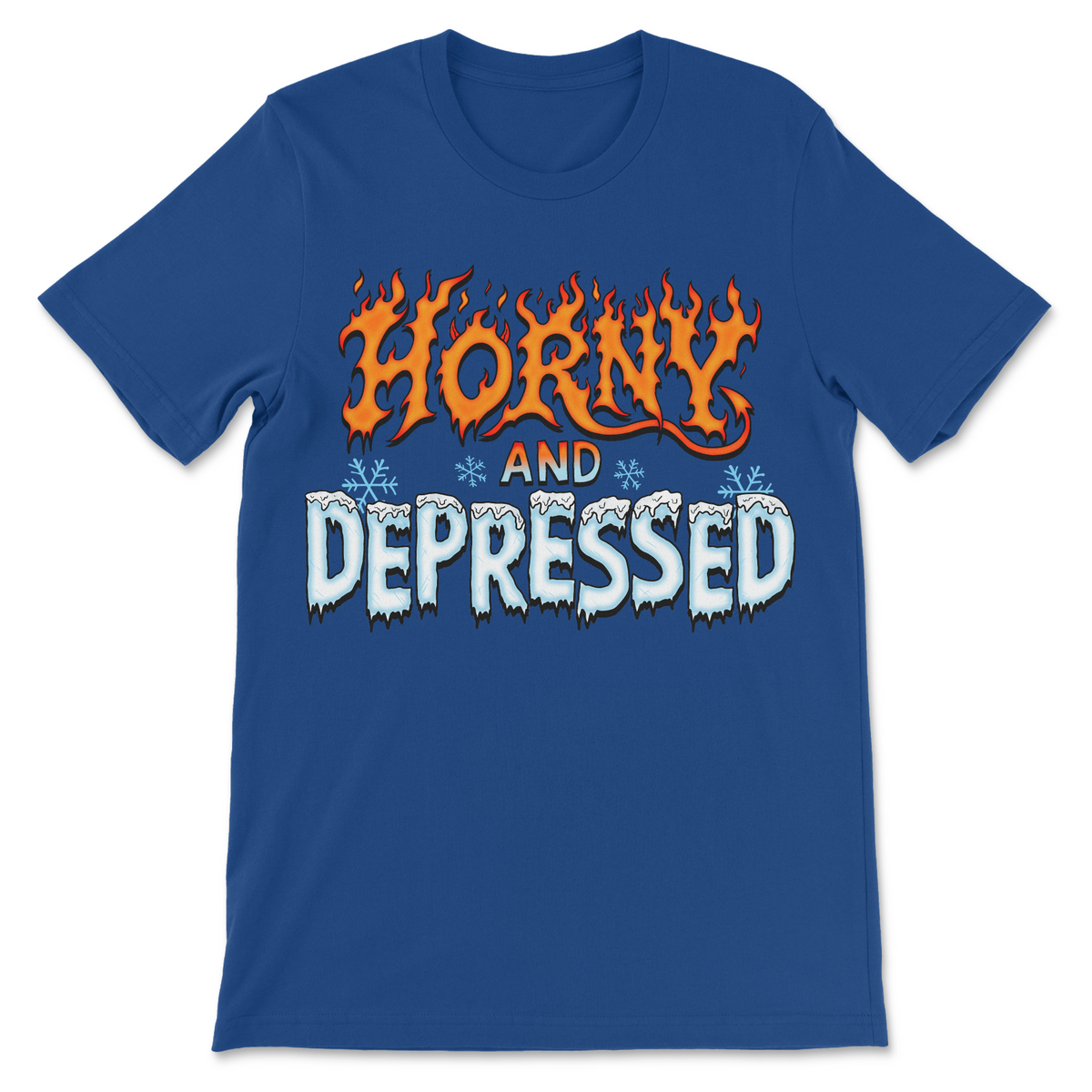 Funny meme shirt featuring Horny and Depressed fire and ice lettering