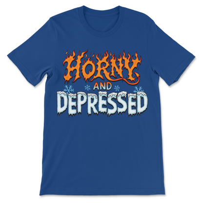 Funny meme shirt featuring Horny and Depressed fire and ice lettering