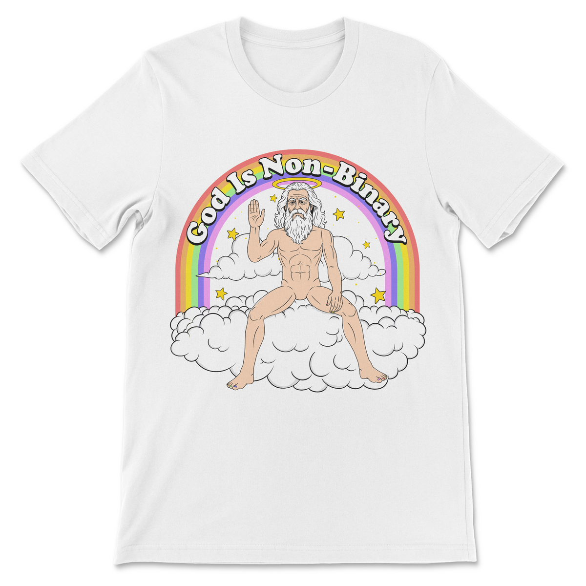 Funny LGBTQ religious humor shirt featuring God Is Non-Binary text with rainbow, clouds and absurd graphic artwork
