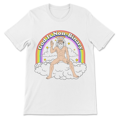 Funny LGBTQ religious humor shirt featuring God Is Non-Binary text with rainbow, clouds and absurd graphic artwork
