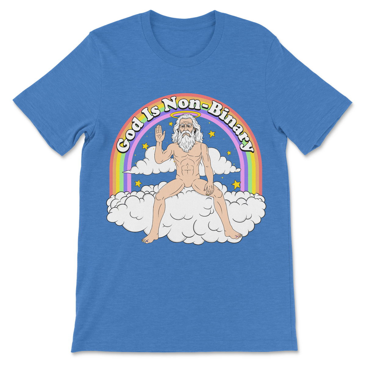 Funny religious shirt with God Is Non-Binary saying, rainbow graphic, non-binary humor and absurd religious parody
