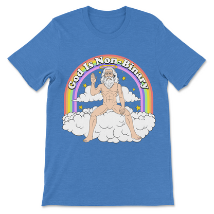 Funny religious shirt with God Is Non-Binary saying, rainbow graphic, non-binary humor and absurd religious parody
