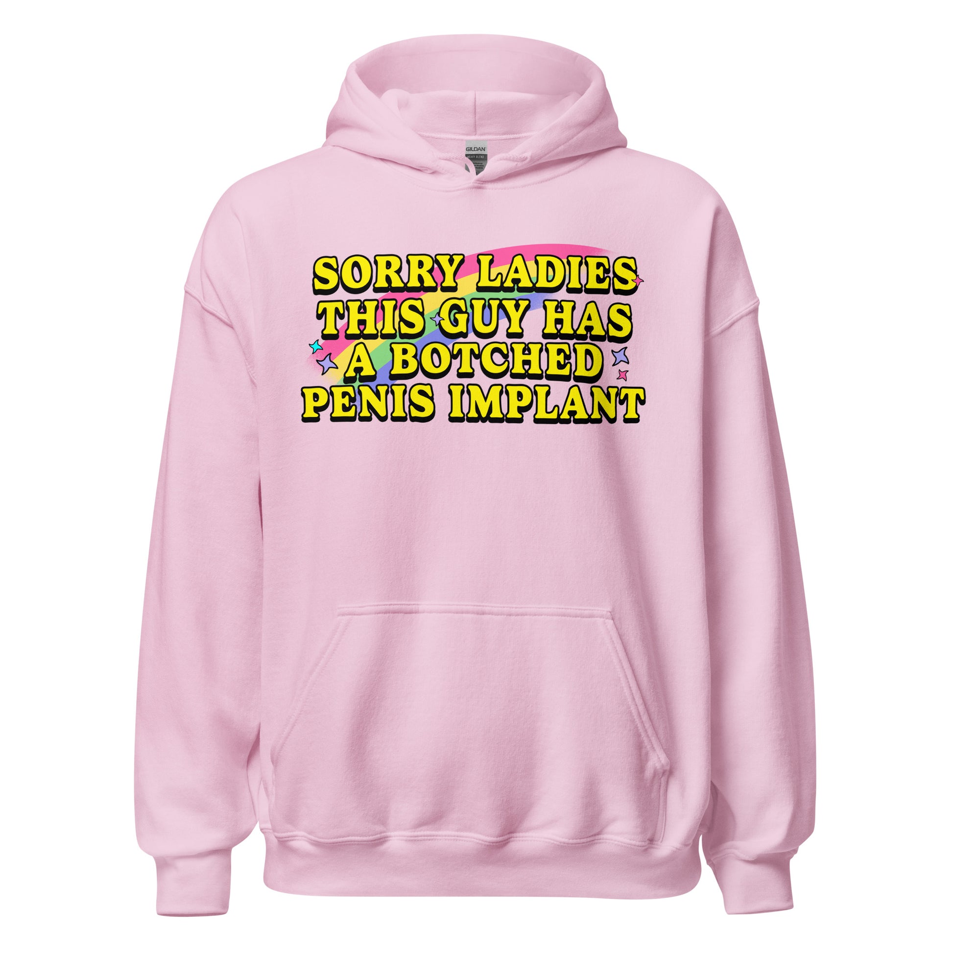 Inappropriate graphic hoodie with crude humor about a botched penis implant. Works for offensive naughty hoodie shoppers, dark humor fans, and adult gag gift clothing searches.