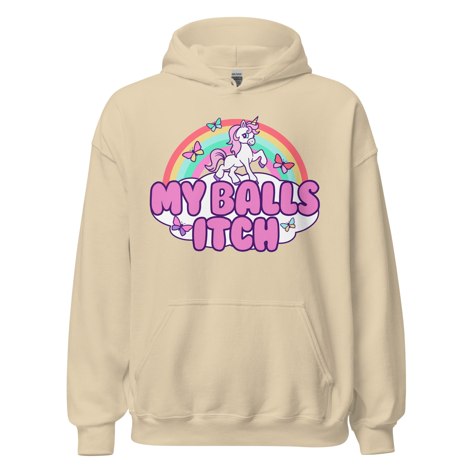 Weird and offensive, this unicorn hoodie brings crude humor to life for anyone who enjoys dirty jokes and funny testicles jokes.