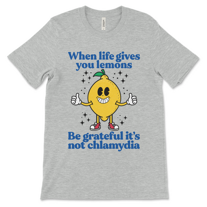 Dark humor graphic t-shirt, inappropriate lemons and chlamydia joke design

