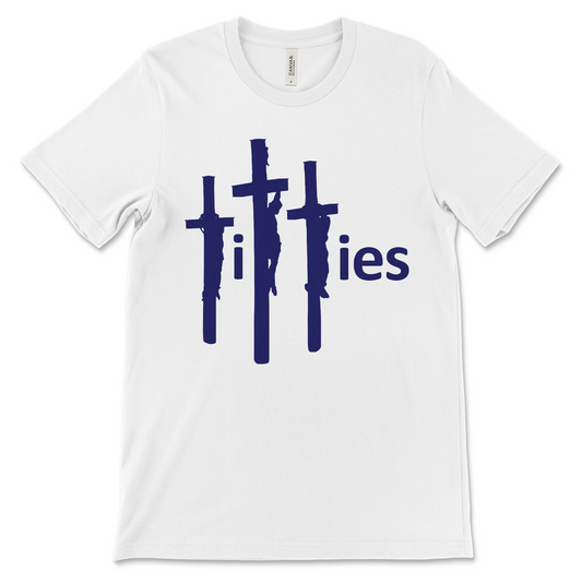 Dark humor religious shirt with crucifixion cross design.