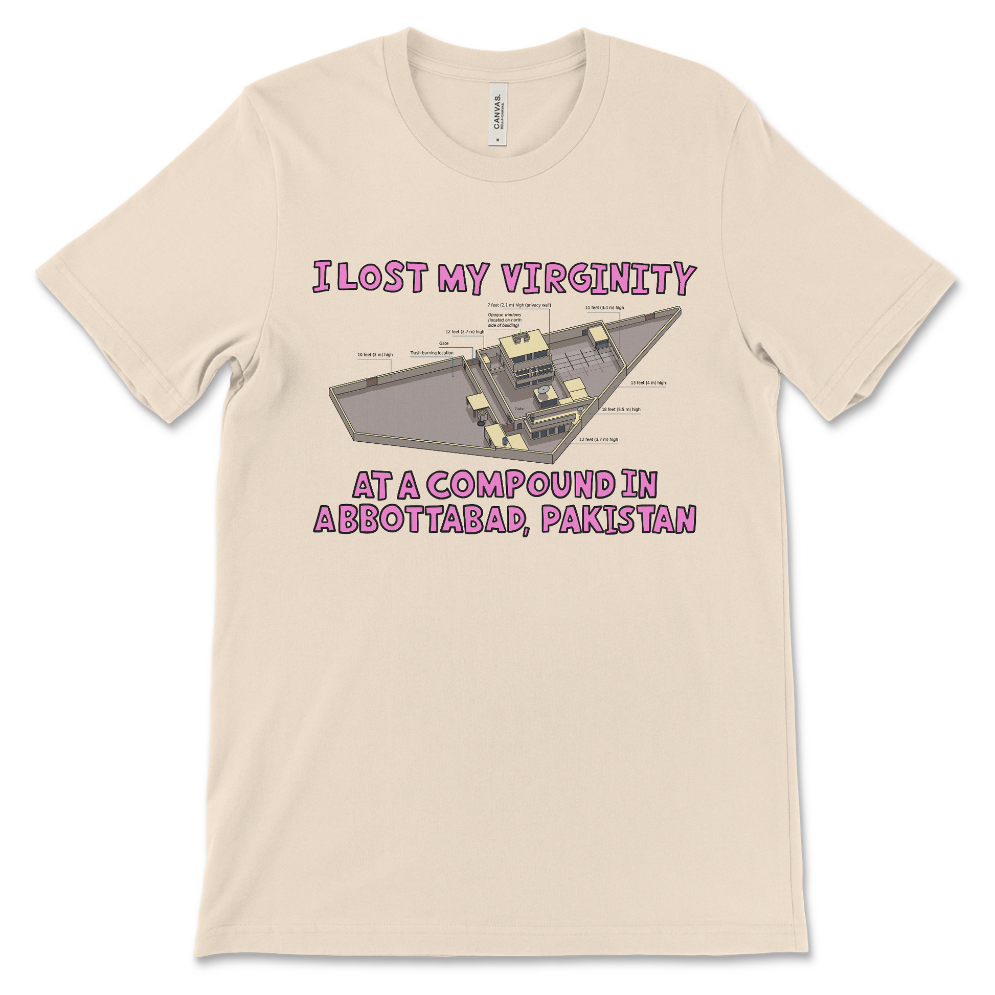 funny 9/11 shirt that says I Lost My Virginity at a Compound in Abbottabad offensive meme shirt with dark humor political joke and inappropriate quote about 9/11 and osama bin Laden