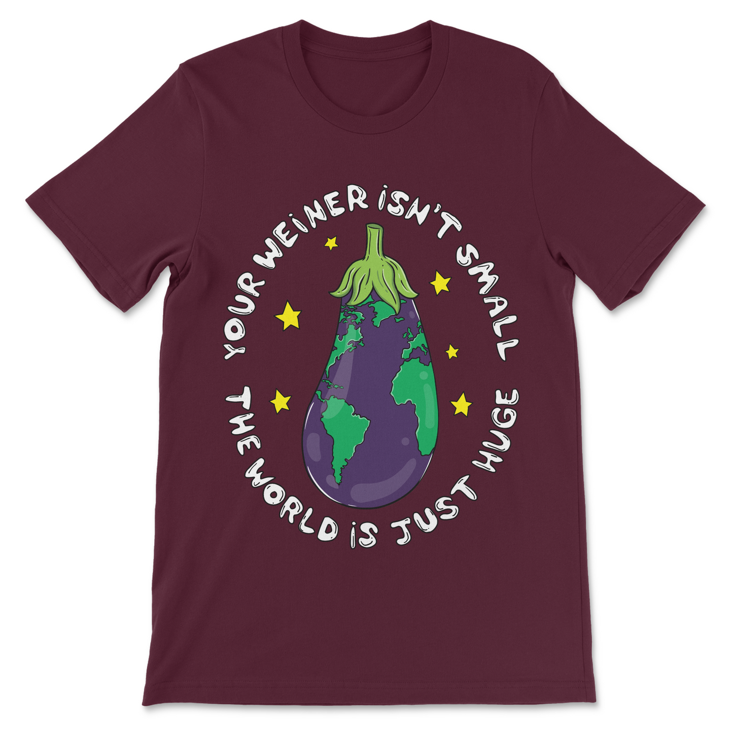 Funny small penis joke shirt with eggplant world graphic
