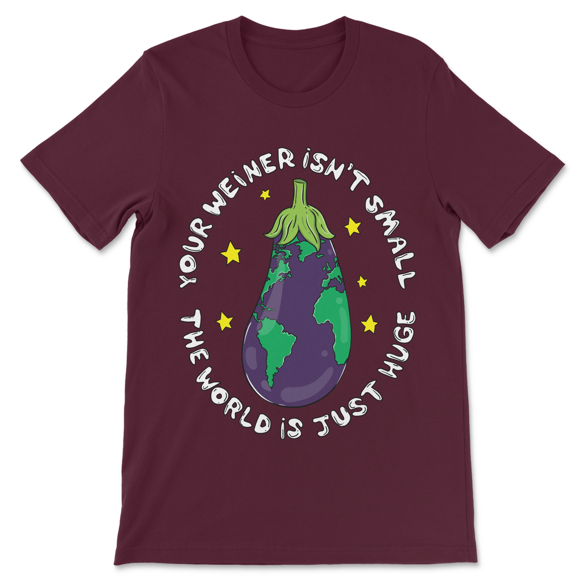 Funny small penis joke shirt with eggplant world graphic
