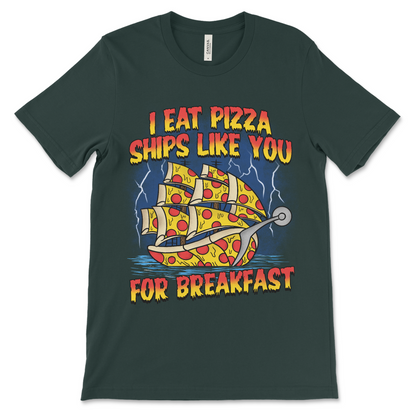 Weird humor shirt with pizza ship graphic, dumb pun design for adults.
