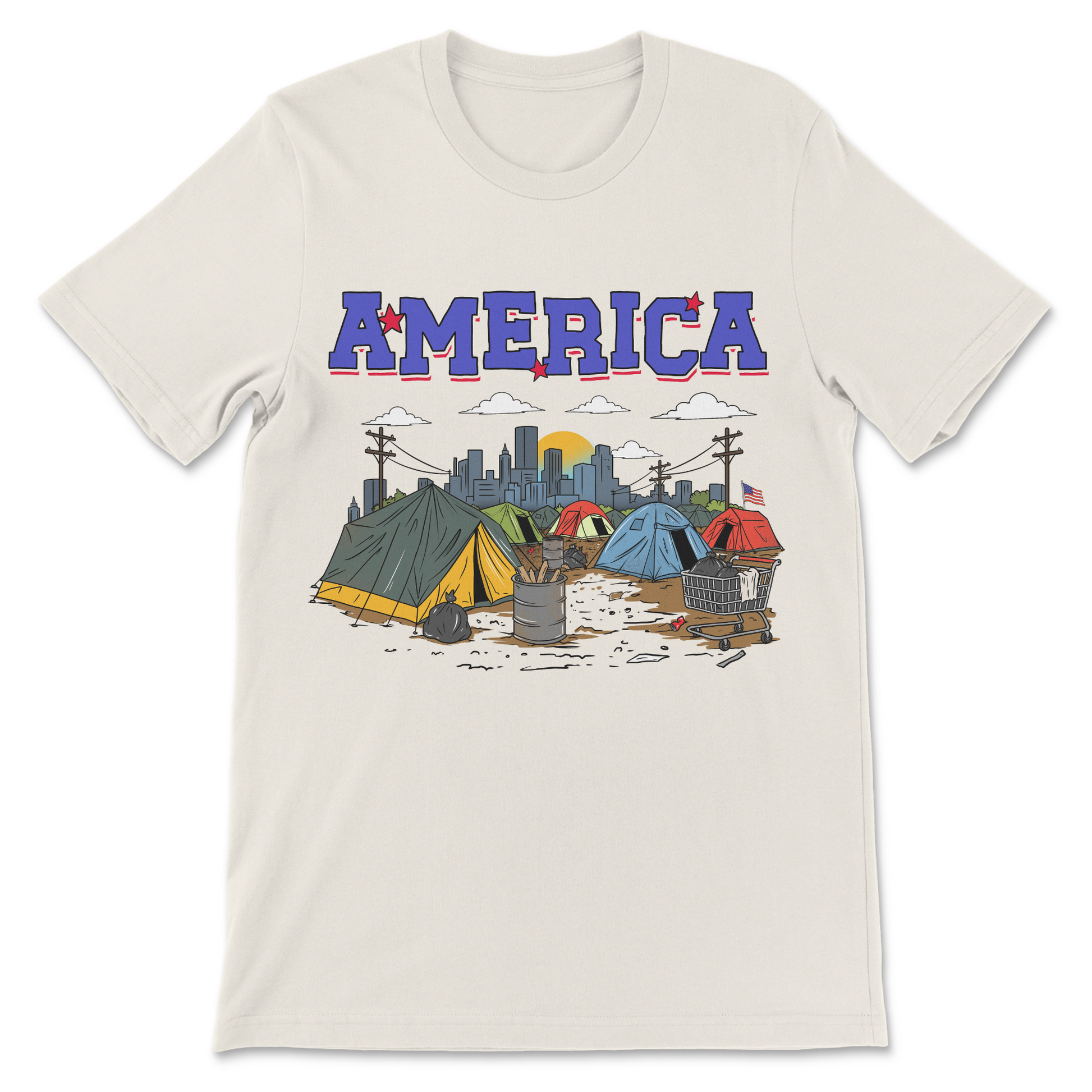 Funny anti USA graphic tee featuring a tent city with patriotic typography.