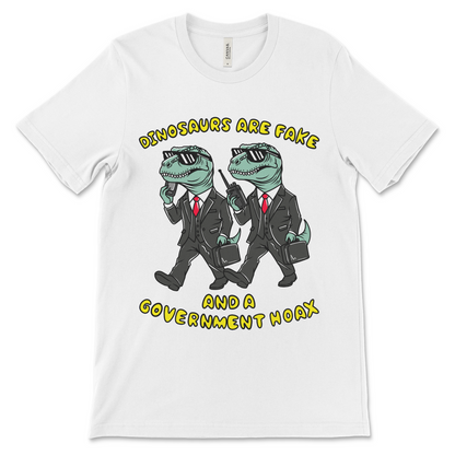 Funny conspiracy theory shirt saying dinosaurs are fake and a government hoax