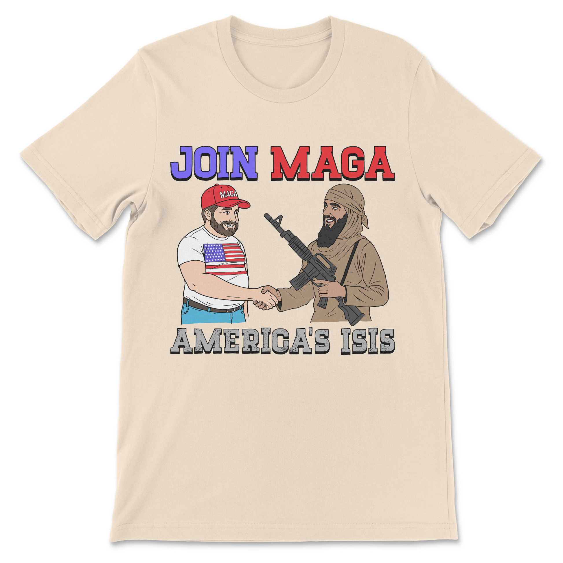 Funny liberal shirt featuring a controversial "Join MAGA: America's ISIS" graphic and dark humor.

