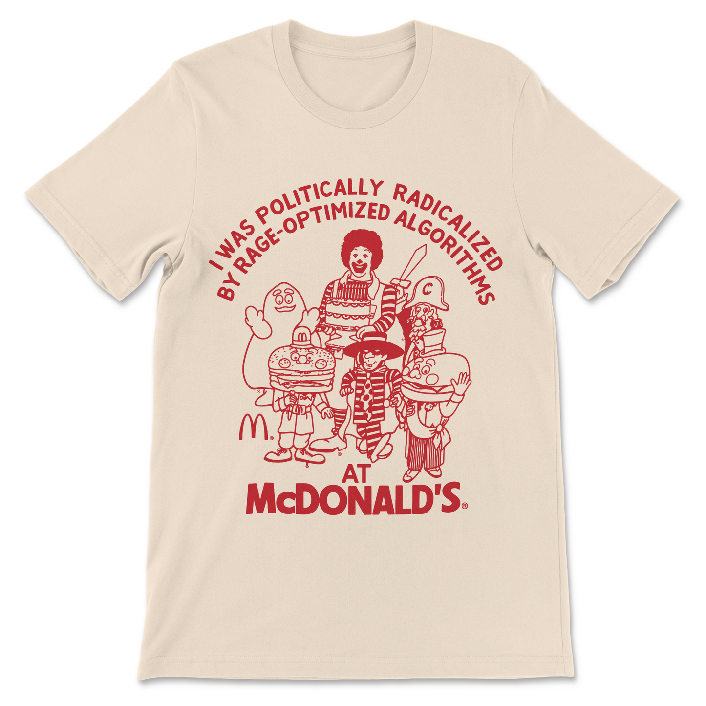 Sarcastic political shirt inspired by recommendation algorithms, meme culture, and political polarization.