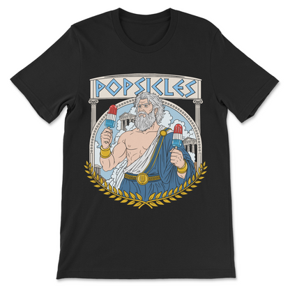 Funny history and mythology shirt combining Greek philosopher humor with an original Popsicles god illustration.