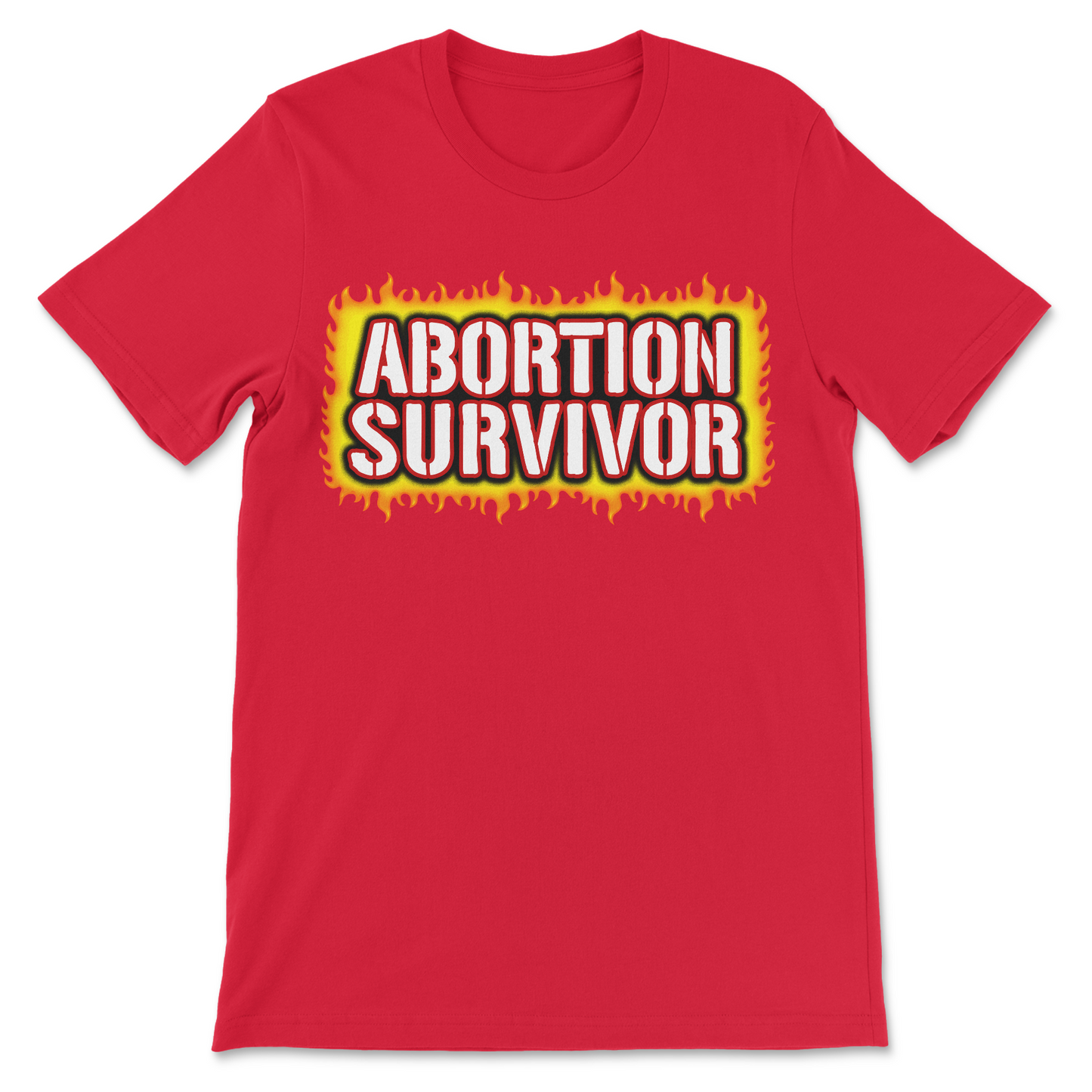 Offensive meme shirt displaying the phrase "Abortion Survivor" in a simple graphic design with flames.
