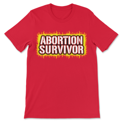 Offensive meme shirt displaying the phrase "Abortion Survivor" in a simple graphic design with flames.
