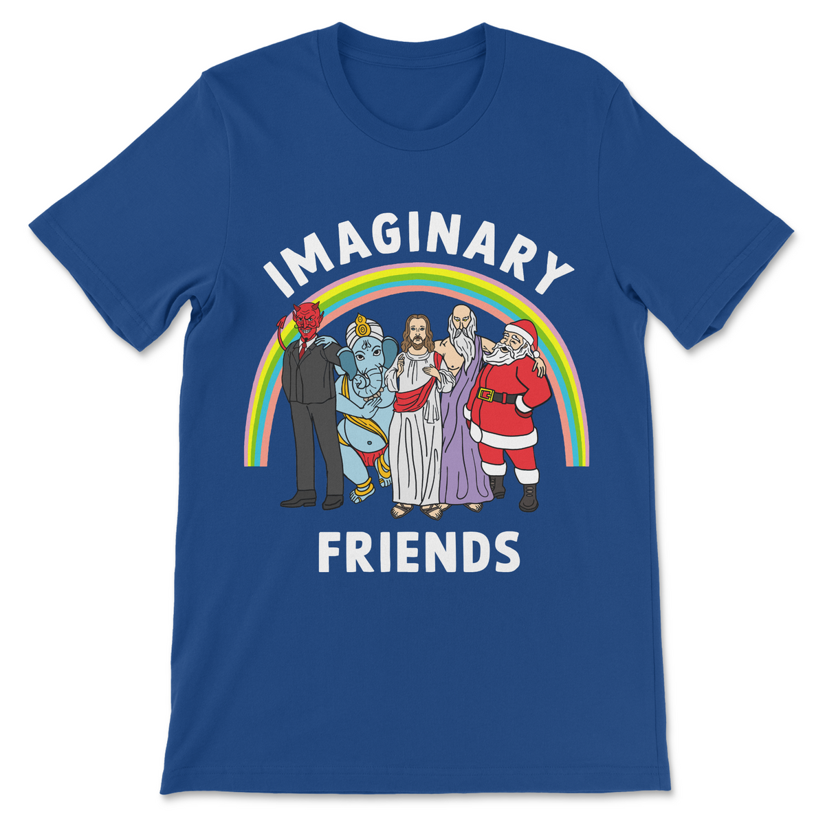 Imaginary Friends religious satire shirt featuring religious and mythical figures