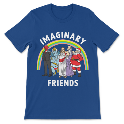 Imaginary Friends religious satire shirt featuring religious and mythical figures