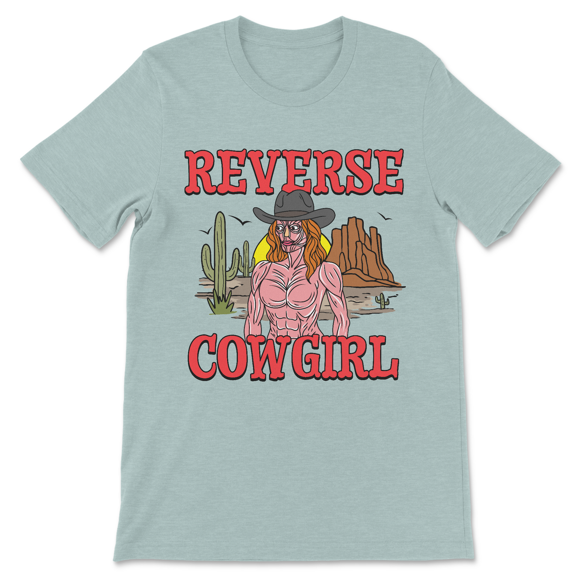 Absurd Western meme shirt featuring skinless cowgirl illustration.