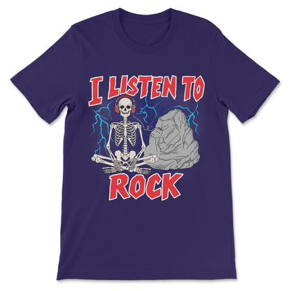 Skeleton wearing headphones plugged into a rock funny shirt