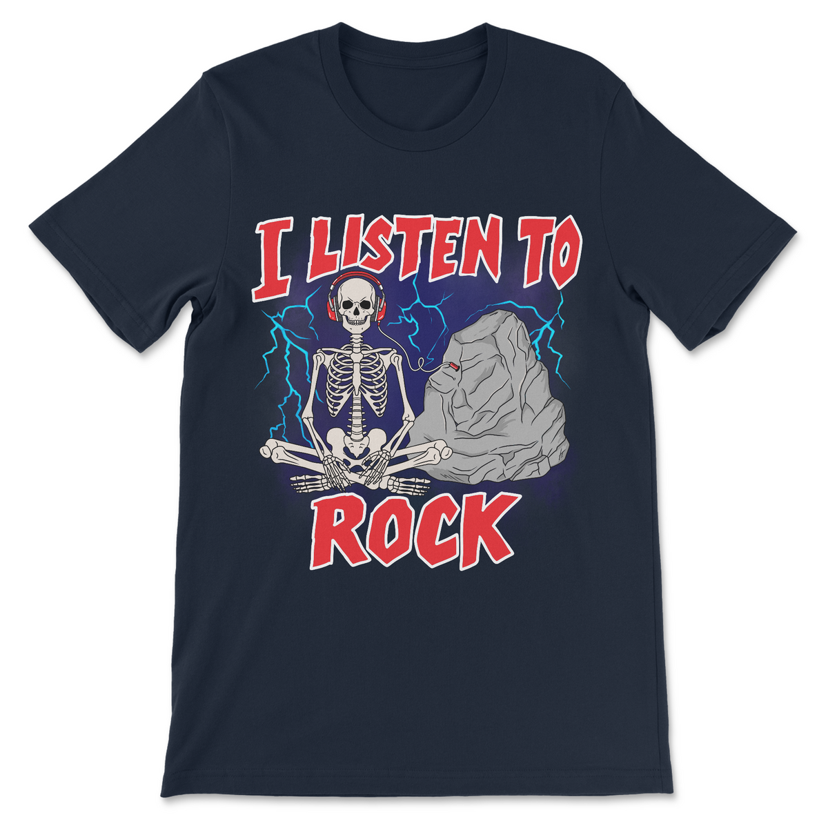I Listen to Rock meme shirt with skeleton and rock illustration