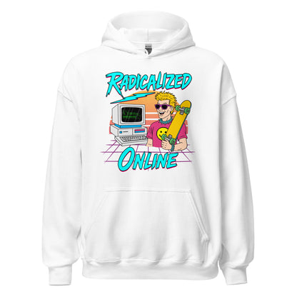 Funny satire sweatshirt about being radicalized online with dark humor tone, Ironic political meme hoodie mixing retro 80s graphics and sarcasm

