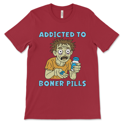 This adult humor shirt says “Addicted to Boner Pills” and delivers offensive laughs with a side of shame. A dirty joke tee for fans of rude slogans and weird internet-style clothing.

