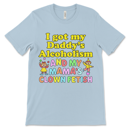 Obscene clown fetish shirt with BDSM joke text, weird meme design, and inappropriate humor.
