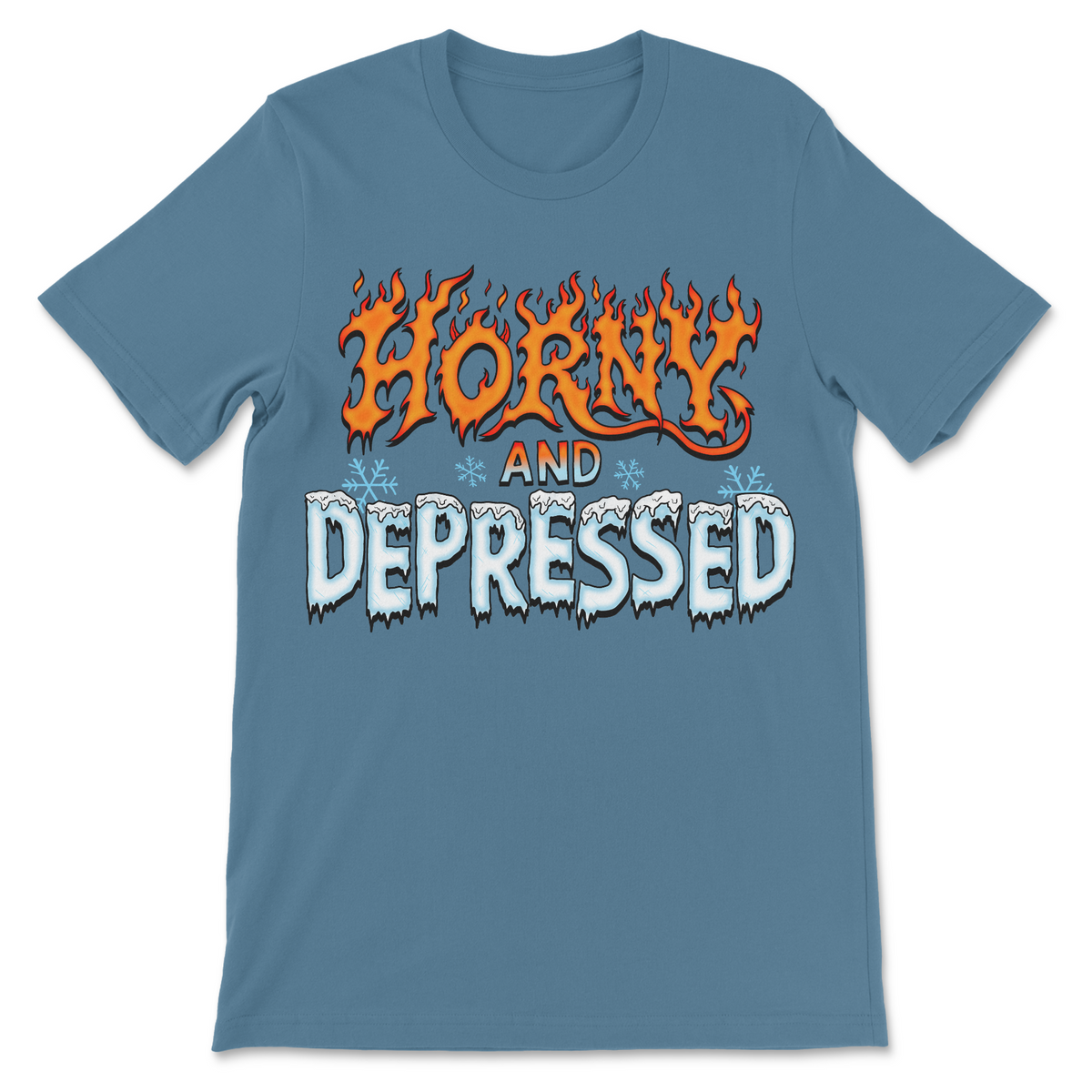 Horny and Depressed steel blue graphic shirt with orange flames and blue ice