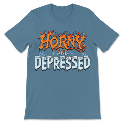 Horny and Depressed steel blue graphic shirt with orange flames and blue ice