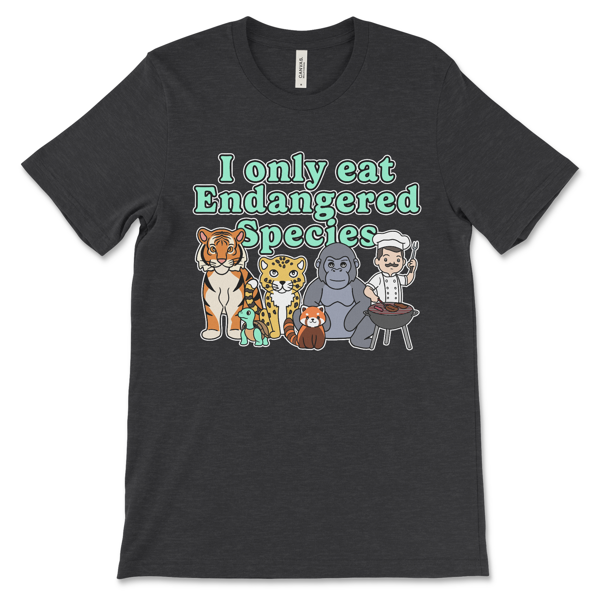 Funny unethical animal shirt, dark humor t-shirt that says I Only Eat Endangered Species, NSFW adult meme clothing, controversial graphic tee
