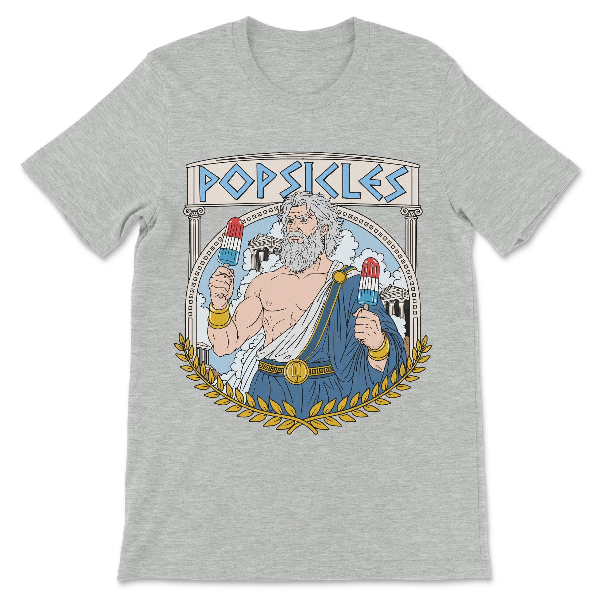 Funny Greek mythology shirt featuring the fictional Greek god Popsicles in a vintage-inspired illustration and clever philosophy pun.