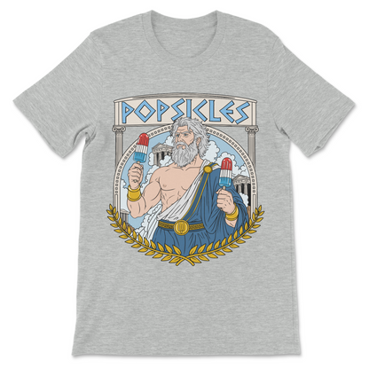 Funny Greek mythology shirt featuring the fictional Greek god Popsicles in a vintage-inspired illustration and clever philosophy pun.