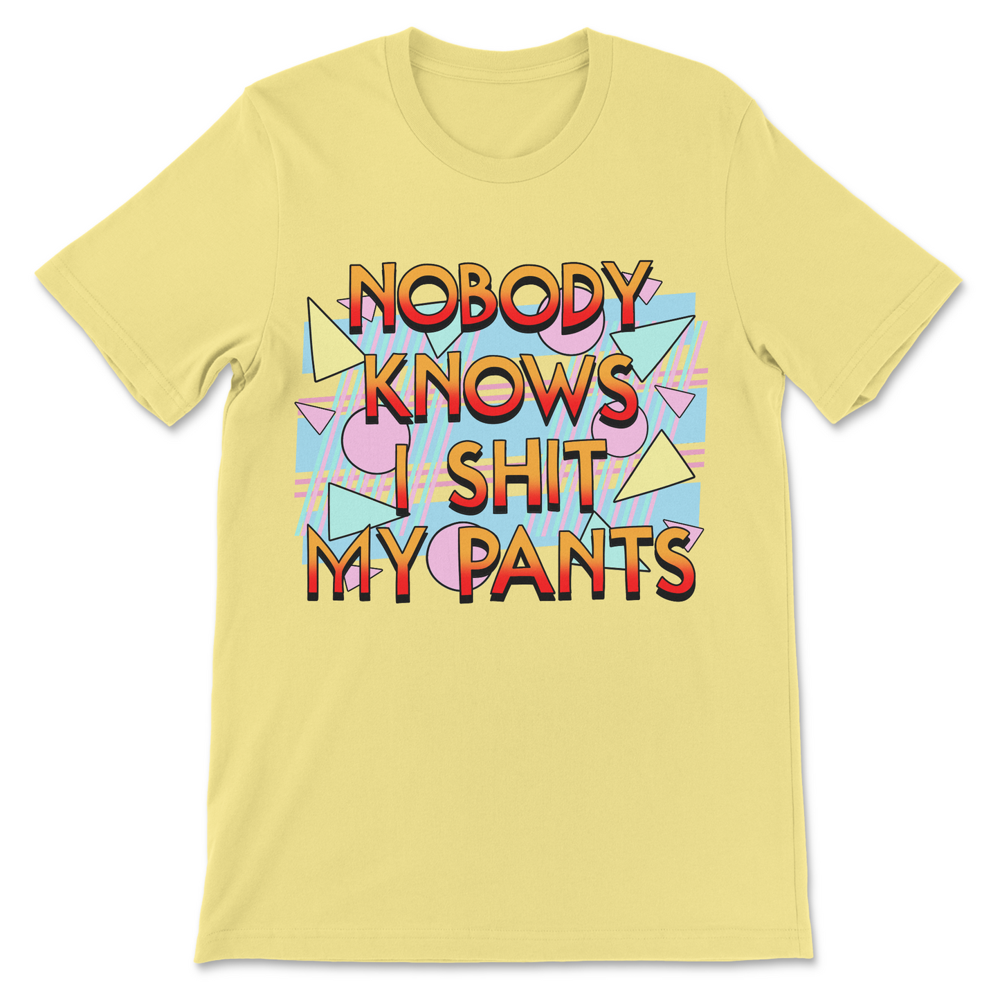 Funny poop joke shirt with retro geometric shapes and the phrase "Nobody Knows I Shit My Pants."
