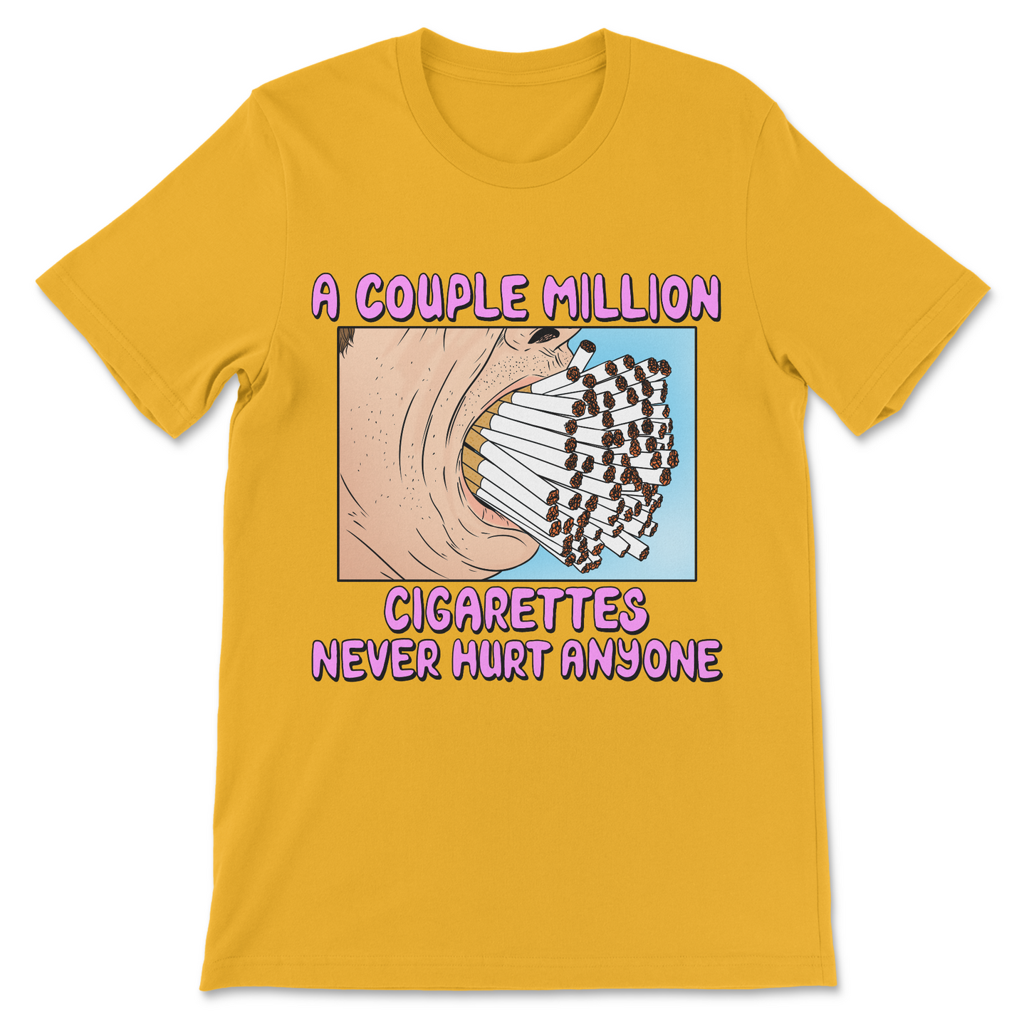 Novelty smoking shirt featuring an intentionally ridiculous slogan.

