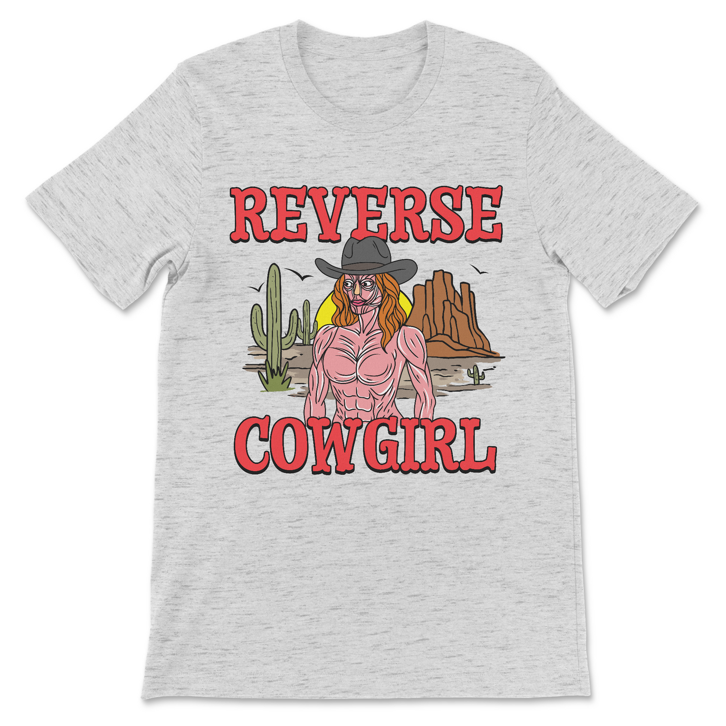 Funny disturbing Western art shirt with skinless cowgirl illustration.
