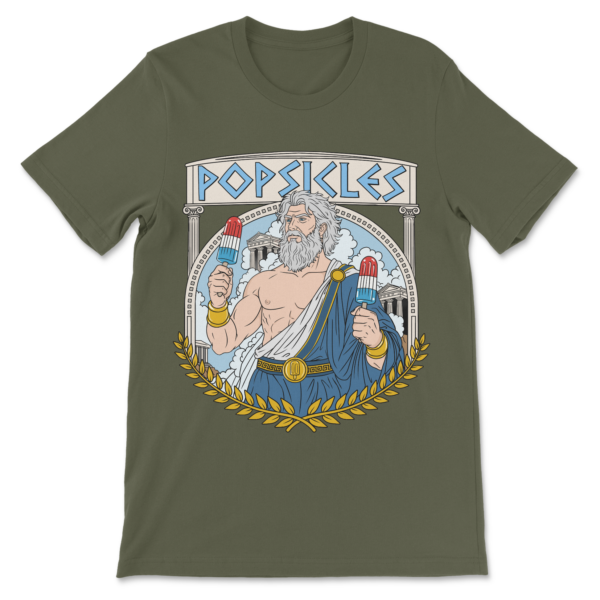 Greek mythology graphic tee with a humorous Popsicles character inspired by ancient Greece and classic philosophers.