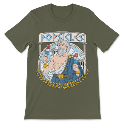 Greek mythology graphic tee with a humorous Popsicles character inspired by ancient Greece and classic philosophers.