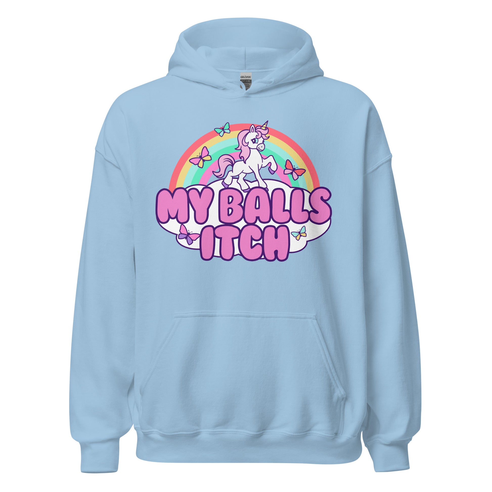 Offensive unicorn hoodie with a ridiculous, vulgar design for fans of inappropriate humor and adult meme clothing.