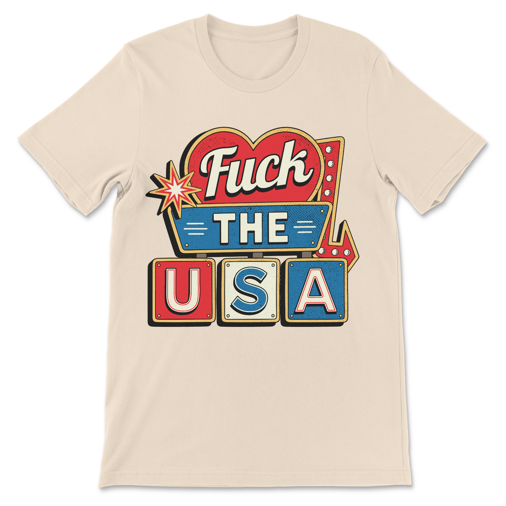 Retro-inspired anti-America shirt with a colorful motel sign graphic and bold slogan.
