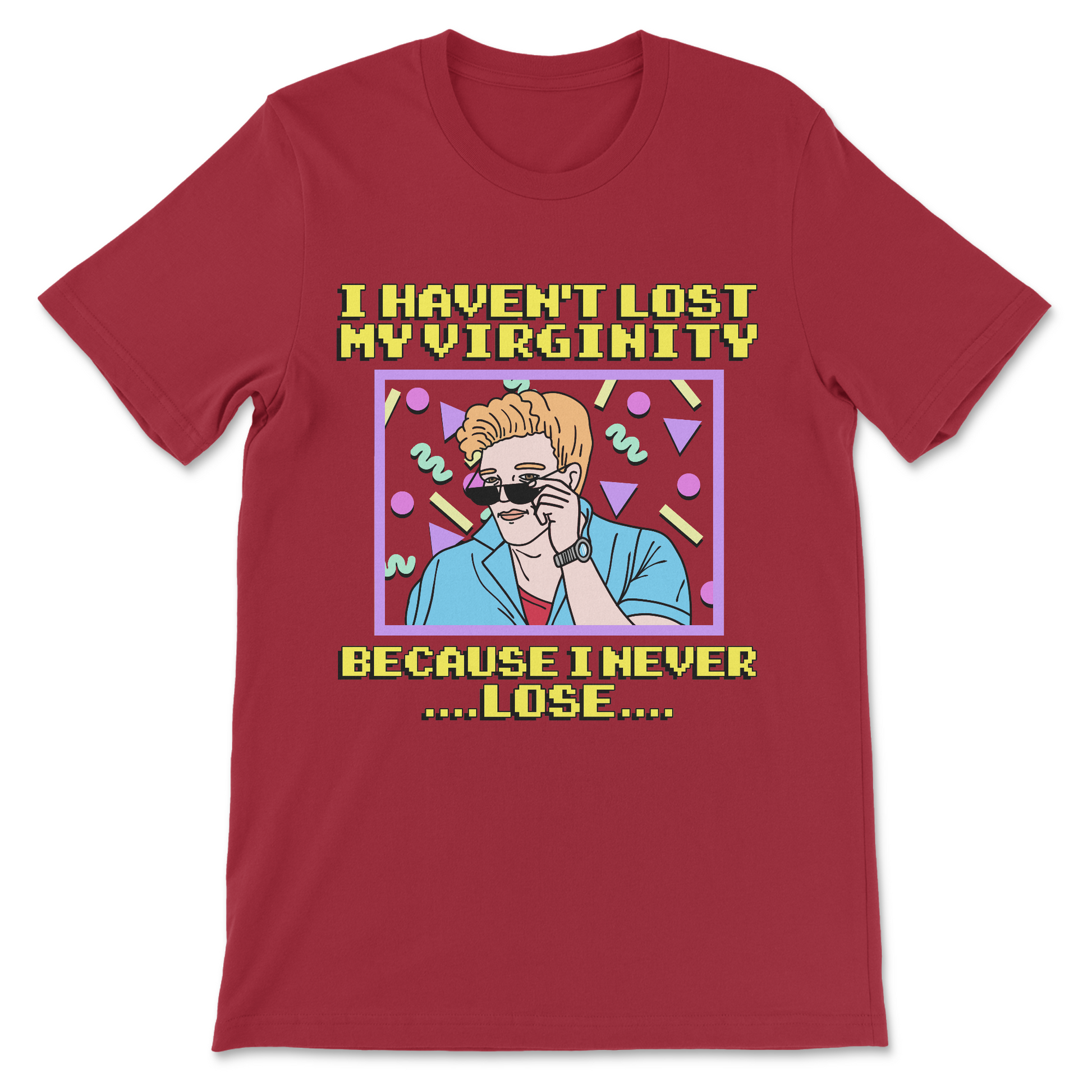 novelty humor shirt with awkward virginity joke phrase
