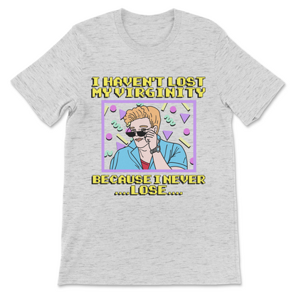 weird meme shirt featuring ironic virginity joke text
