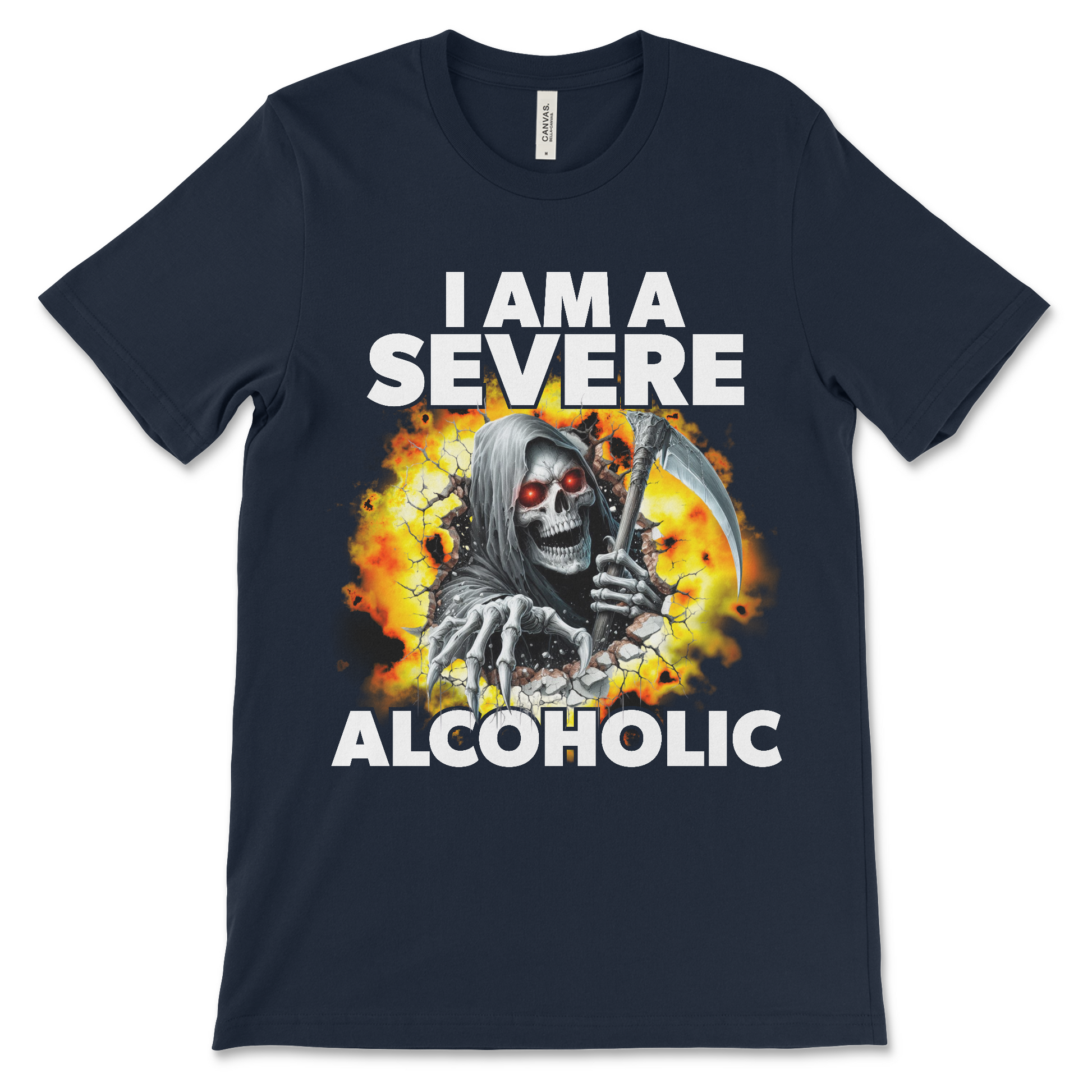 Funny alcoholic meme t-shirt with dark humor design and hard skeleton.